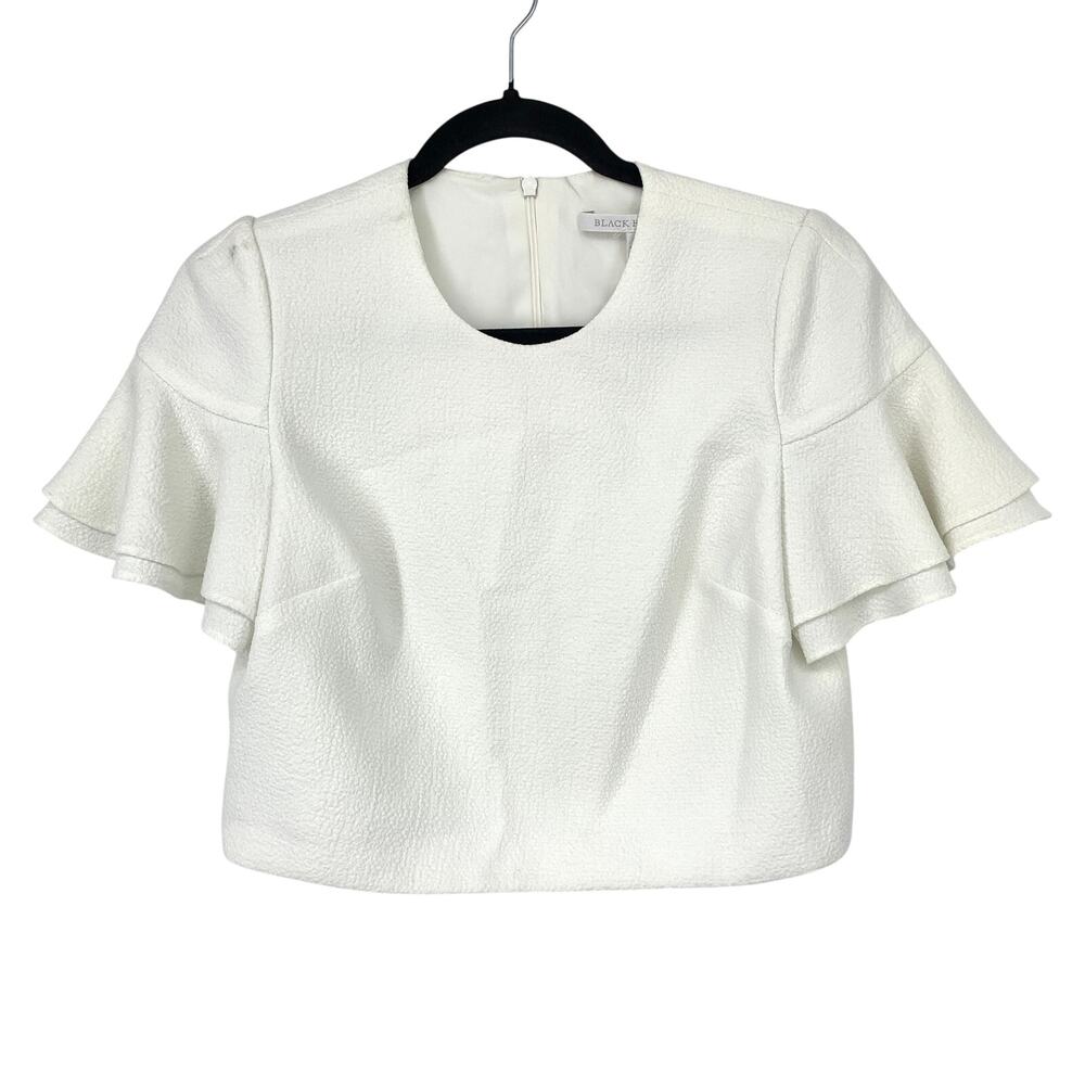 Black Halo Womens Size 0 Ivory Textured Crop Top Tiered Flutter Sleeve USA